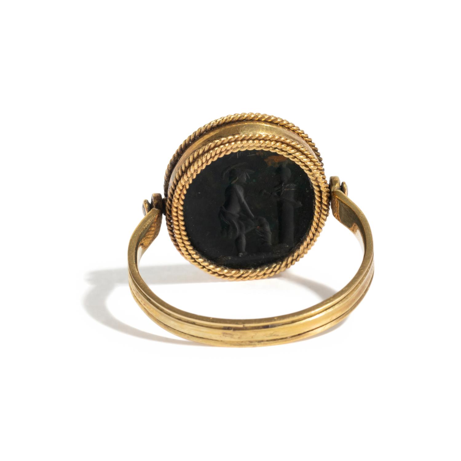 Two Roman Agate Ring Stones with the Demigod Achilles Before the Ashes of Patroclus and the God Eros — Set in a gold swivel ring