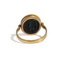 Two Roman Agate Ring Stones with the Demigod Achilles Before the Ashes of Patroclus and the God Eros — Set in a gold swivel ring