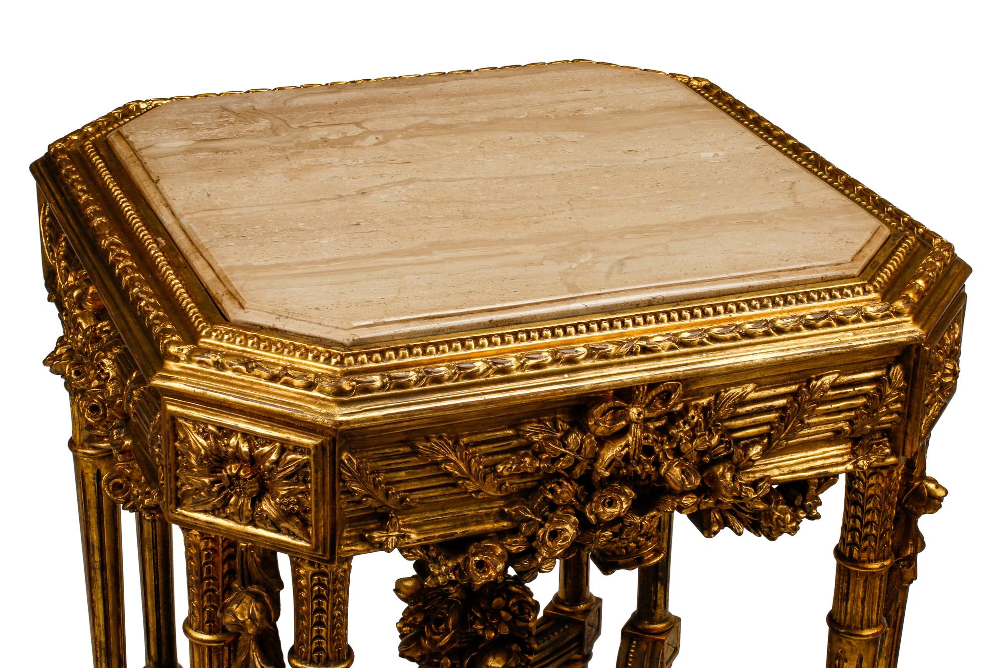 A Pair of Louis XVI Style Giltwood Marble-Top Tables