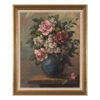 Dorothea Sharp (British, 1874-1955) — Roses and Michaelmas Daisies in a Blue Vase