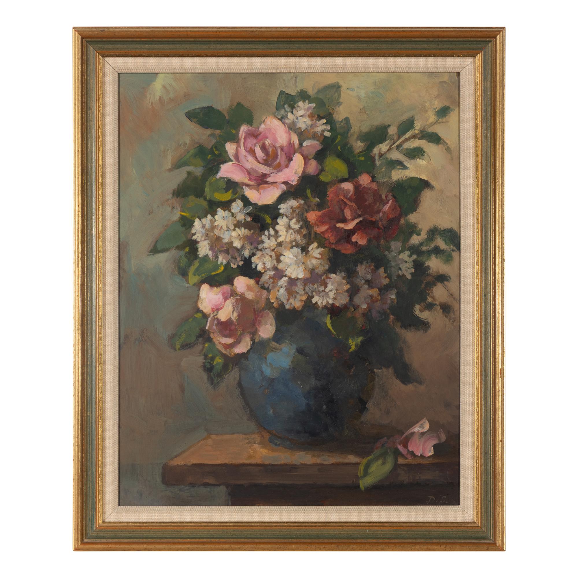 Dorothea Sharp (British, 1874-1955) — Roses and Michaelmas Daisies in a Blue Vase