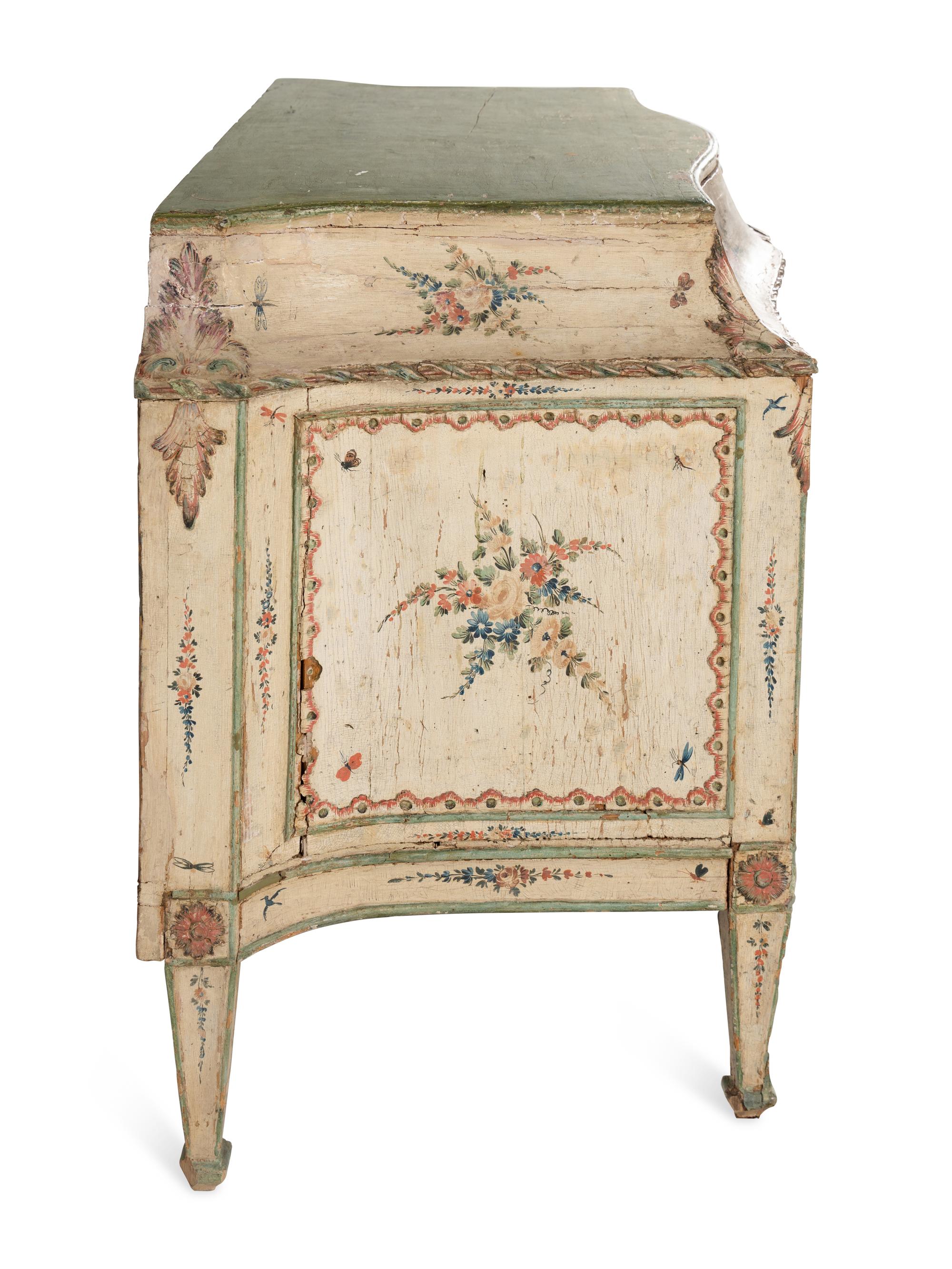 A North Italian Cream and Polychrome-Painted Commode