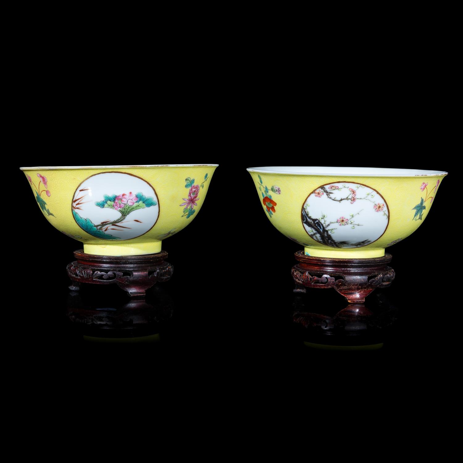 A Pair of Chinese Sgraffito Ground Yellow Glazed Famille Rose Porcelain 'Floral' Bowls, Late 19th/early 20th Century 晚清/民國 黃地軋道開光花卉紋碗一對
