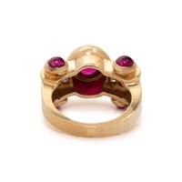 YELLOW GOLD, SYNTHETIC RUBY AND DIAMOND RING