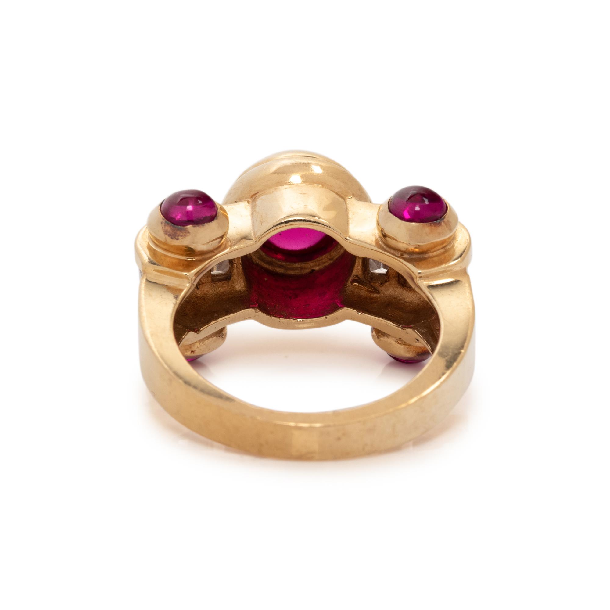YELLOW GOLD, SYNTHETIC RUBY AND DIAMOND RING