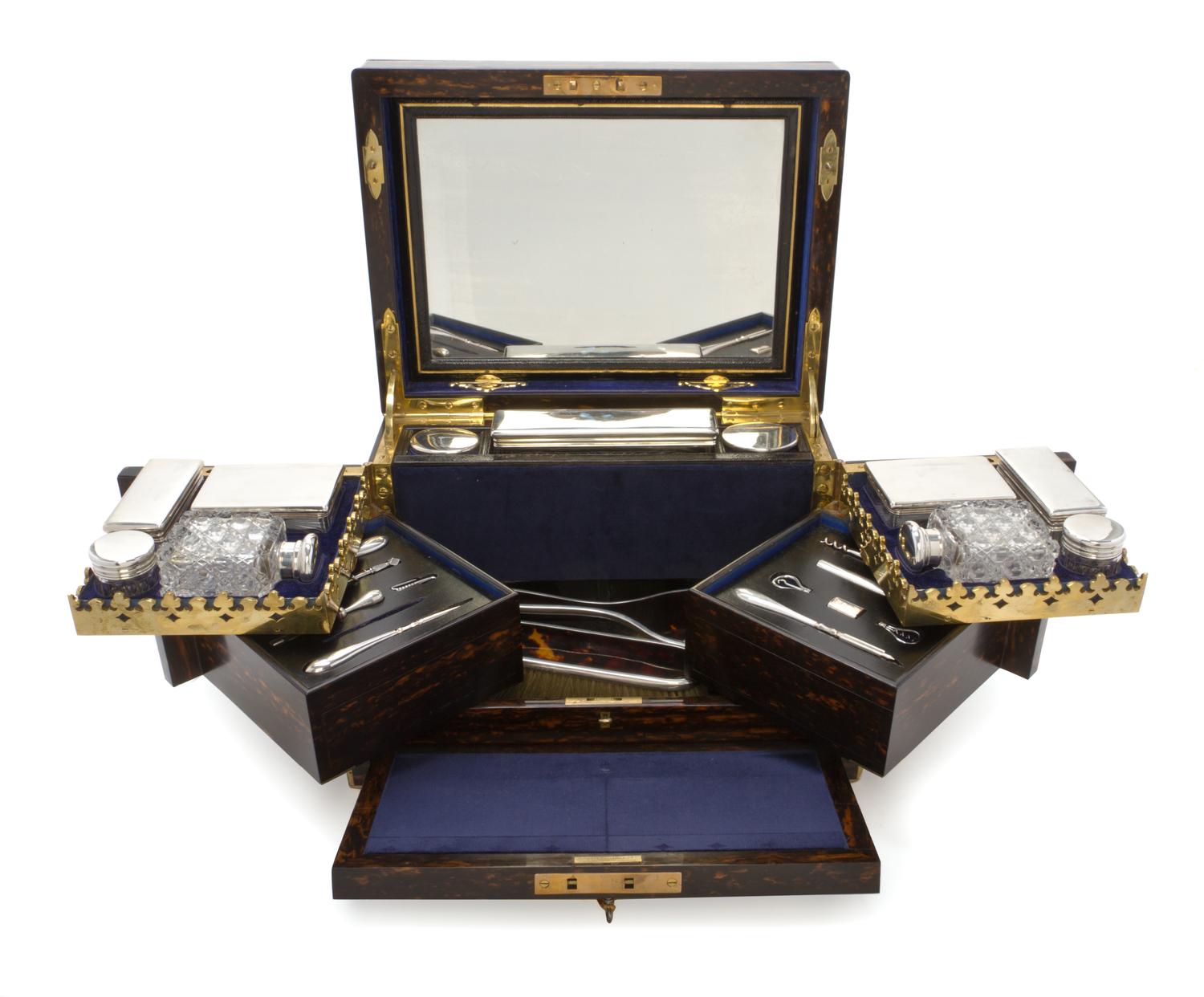 A Victorian Calamander, Silver and Cut Glass Dressing Box, RETAILED BY HOWELL, JAMES & CO., LONDON, Height 8 1/4 x width 13 1/2 x depth — RETAILED BY HOWELL, JAMES & CO., LONDON,
