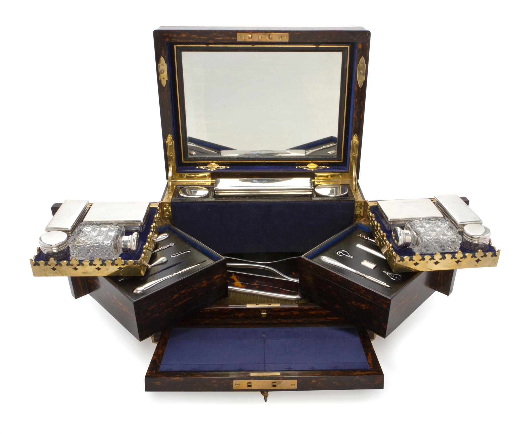 A Victorian Calamander, Silver and Cut Glass Dressing Box, RETAILED BY HOWELL, JAMES & CO., LONDON, Height 8 1/4 x width 13 1/2 x depth — RETAILED BY HOWELL, JAMES & CO., LONDON,