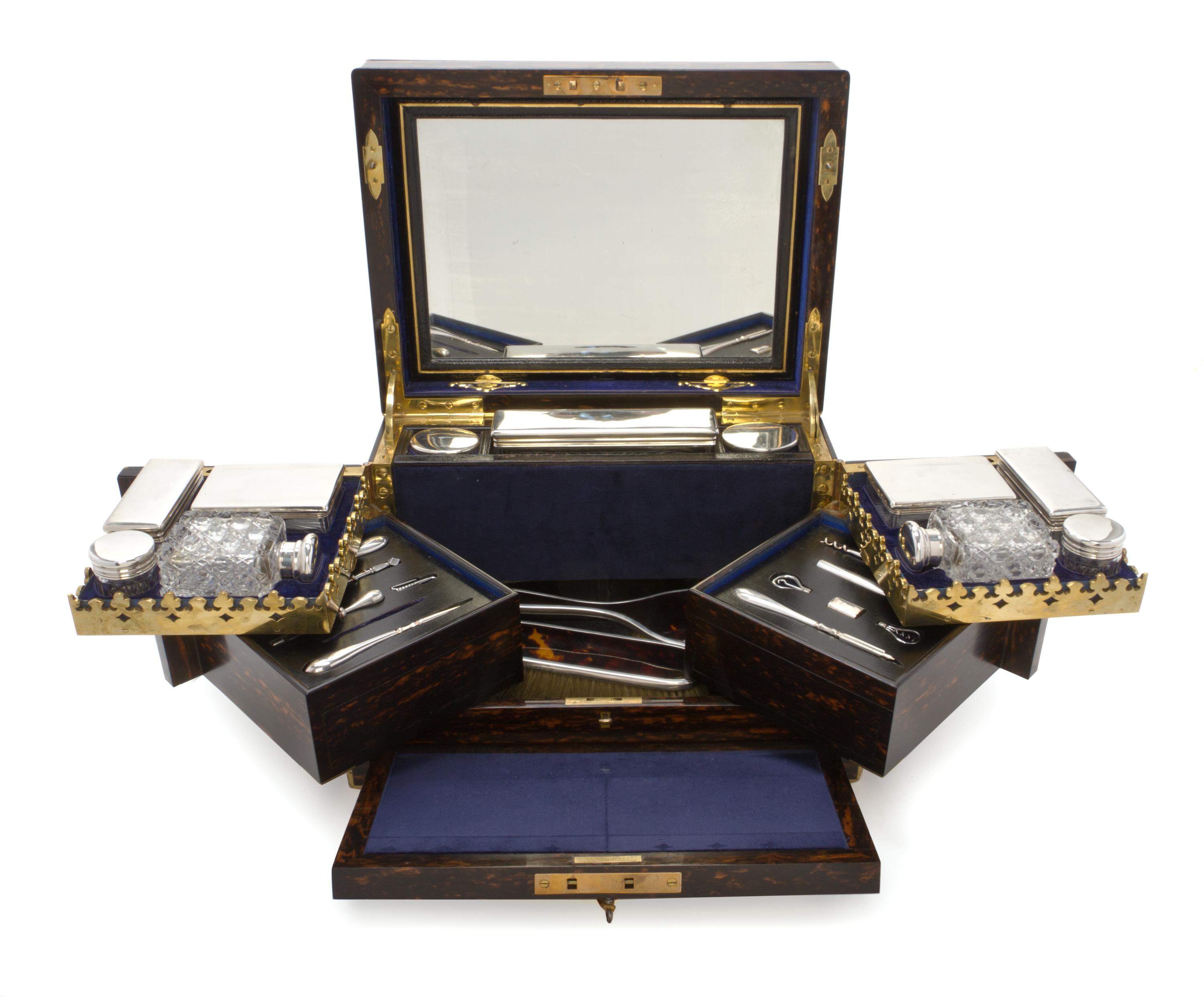 A Victorian Calamander, Silver and Cut Glass Dressing Box, RETAILED BY HOWELL, JAMES & CO., LONDON, Height 8 1/4 x width 13 1/2 x depth — RETAILED BY HOWELL, JAMES & CO., LONDON,