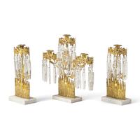A Three-Piece Cast Brass, Marble, and Glass Girandole Garniture Depicting Bigelow Chapel at Mount Auburn Cemetery, Cambridge, Massachusetts