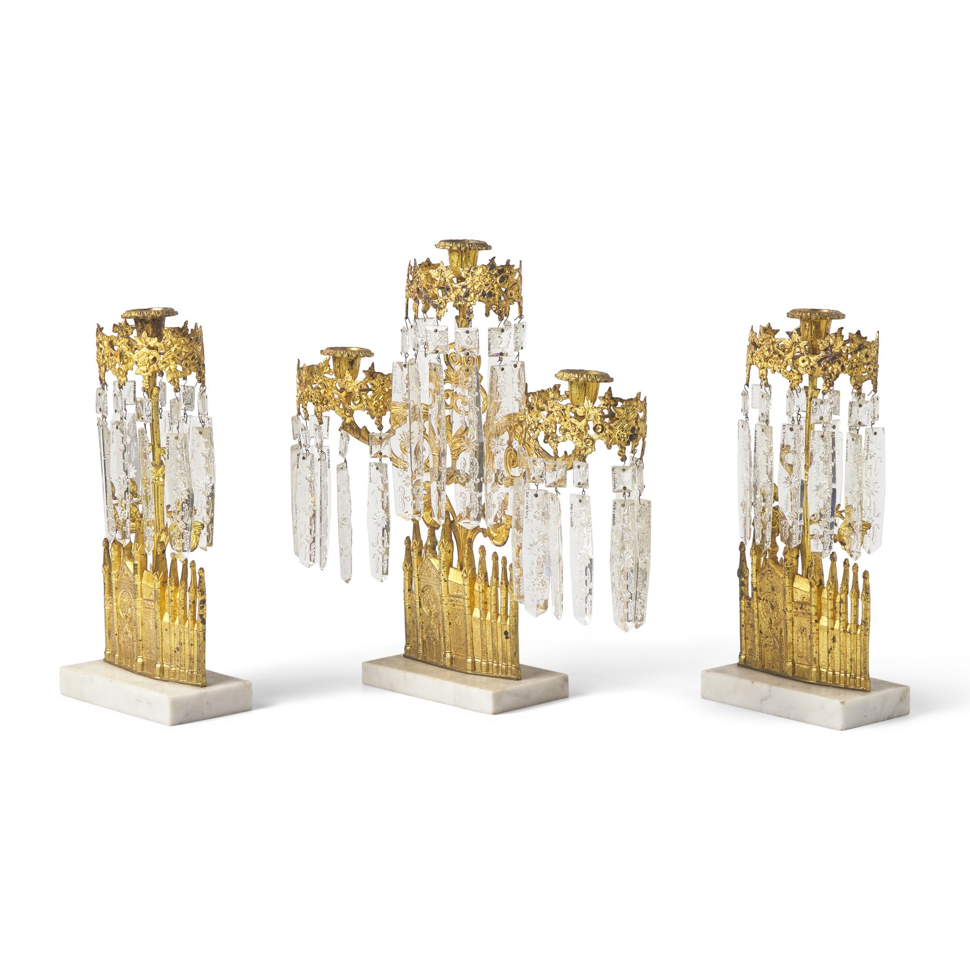 A Three-Piece Cast Brass, Marble, and Glass Girandole Garniture Depicting Bigelow Chapel at Mount Auburn Cemetery, Cambridge, Massachusetts