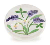 A Chris Buzzini Three Lavender Spears and Two White Flowers Glass Paperweight