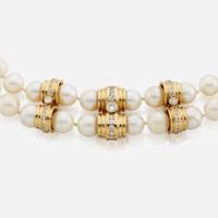 Two cultured pearl, gold, and gem-set necklaces