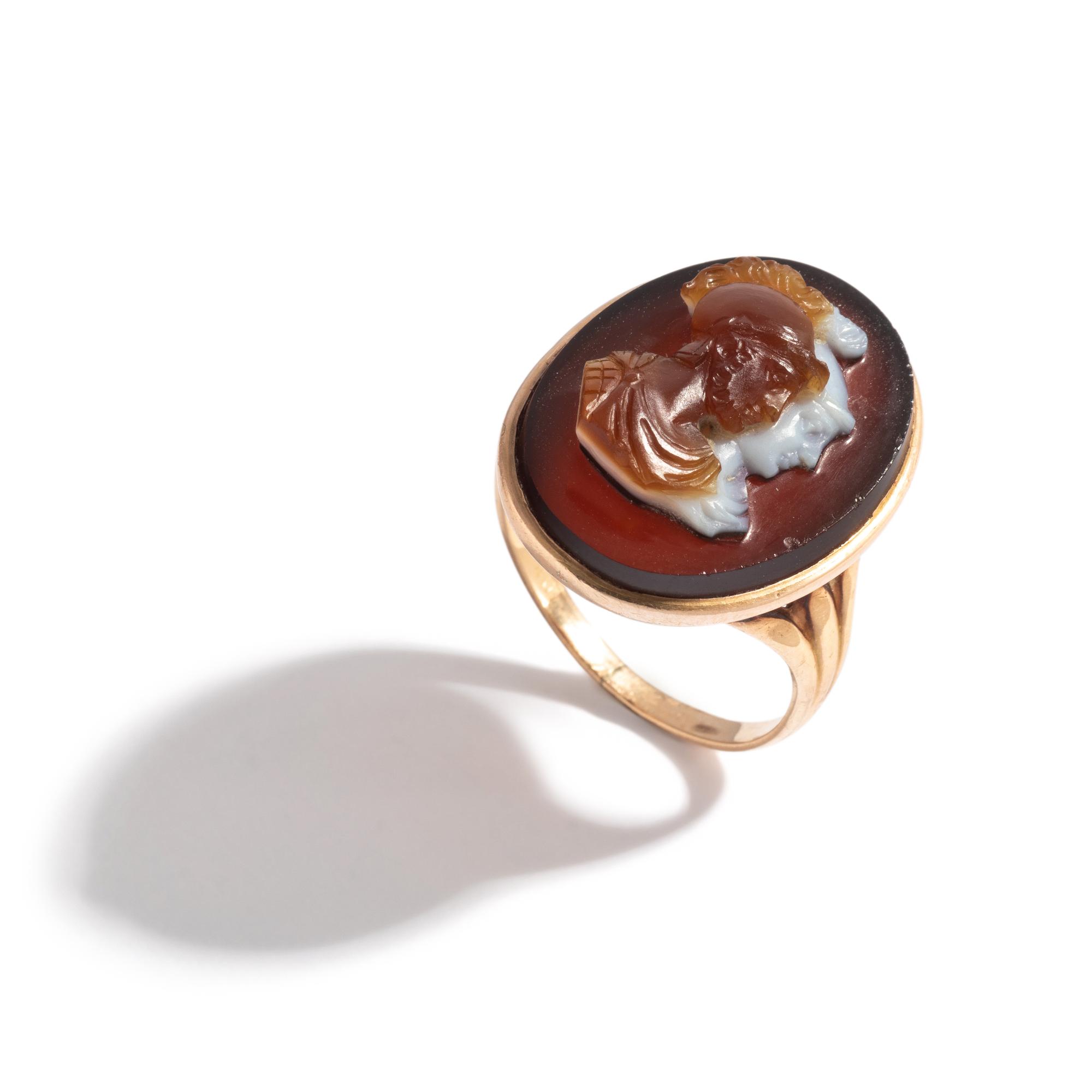 A Neoclassical Sardonyx Cameo and Gold Finger Ring with a Double Portrait