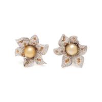 CULTURED GOLDEN PEARL, DIAMOND AND COLORED DIAMOND FLOWER EARCLIPS