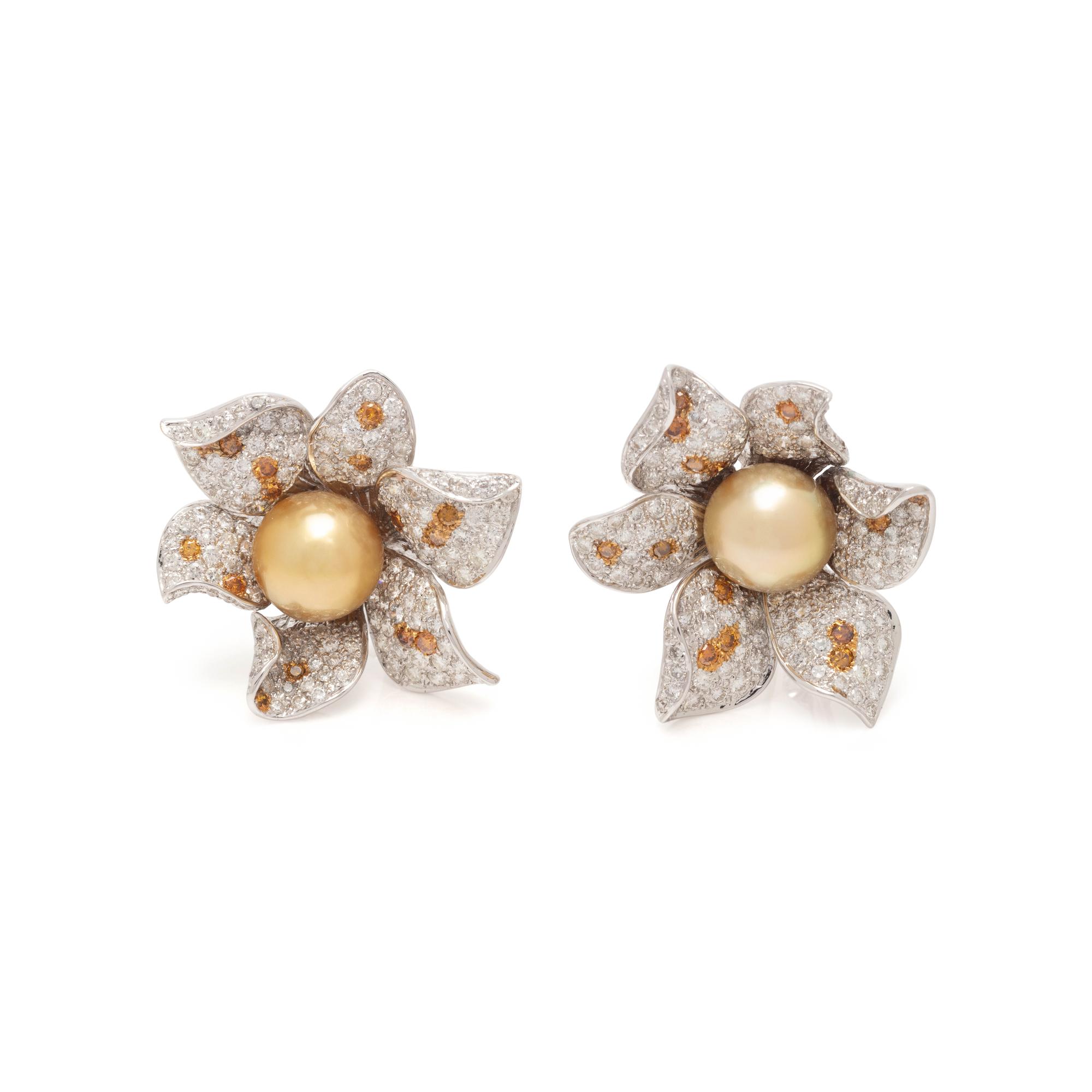 CULTURED GOLDEN PEARL, DIAMOND AND COLORED DIAMOND FLOWER EARCLIPS