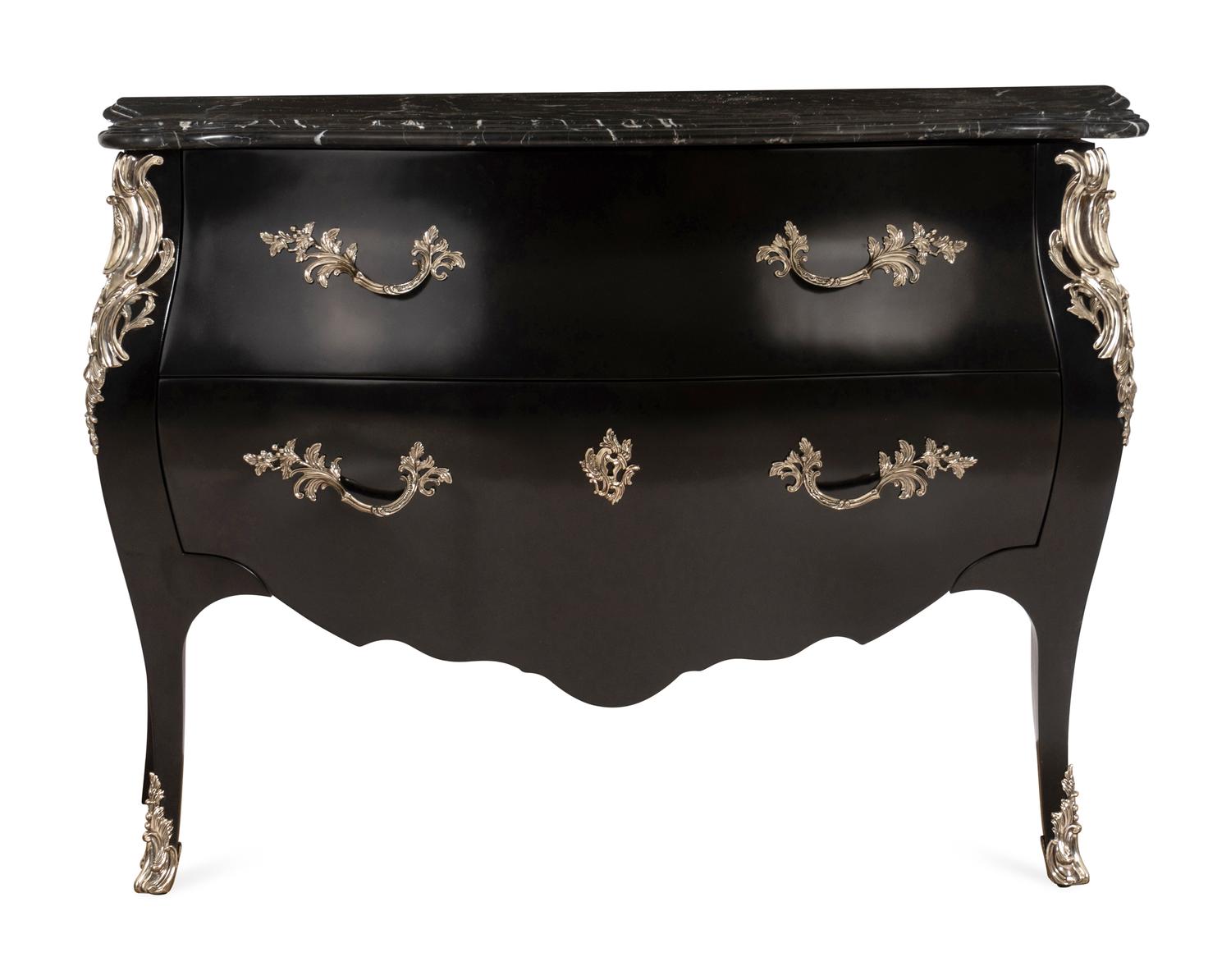 A Ralph Lauren Silvered Bronze-Mounted Marble-Top Ebonized Commode