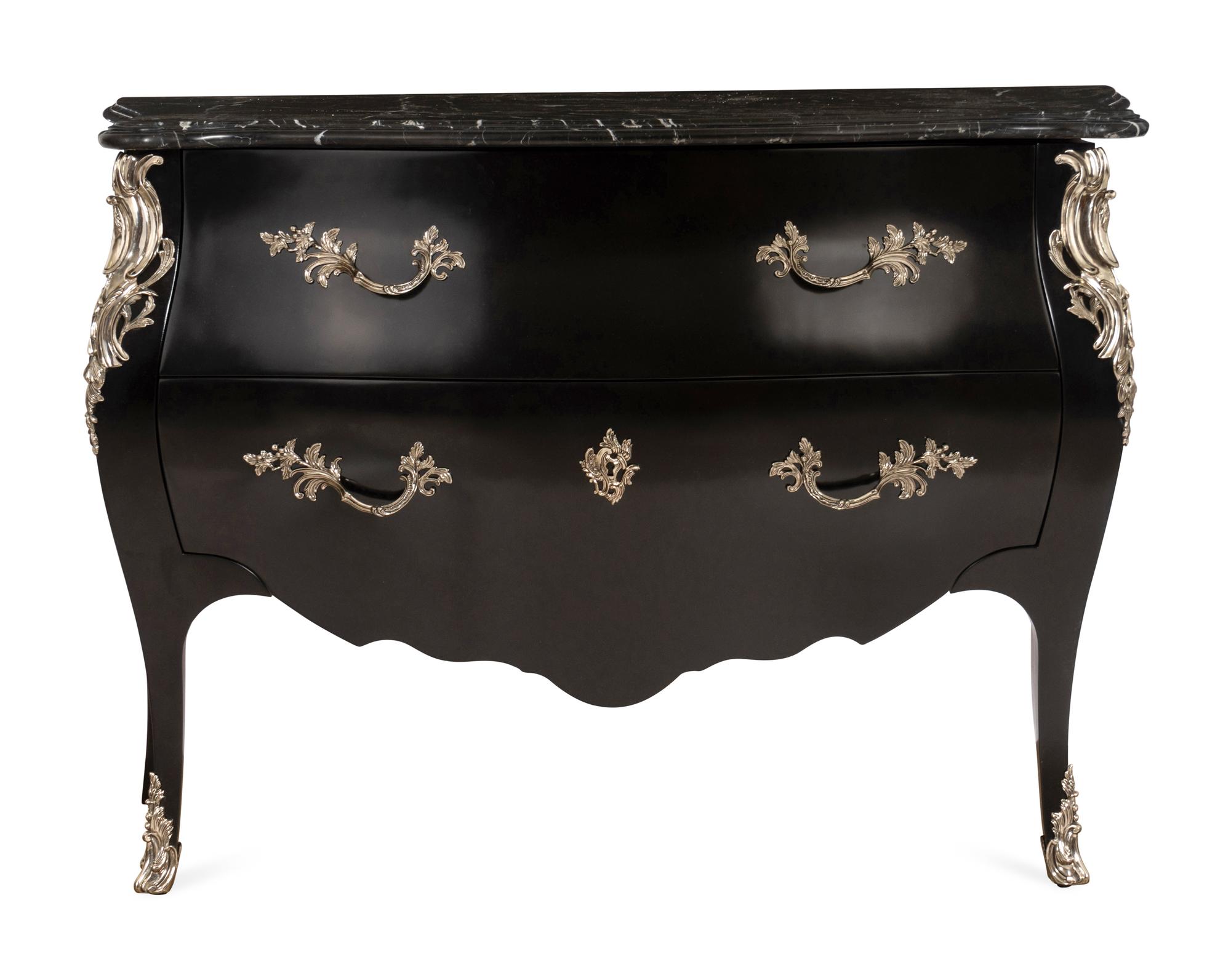 A Ralph Lauren Silvered Bronze-Mounted Marble-Top Ebonized Commode