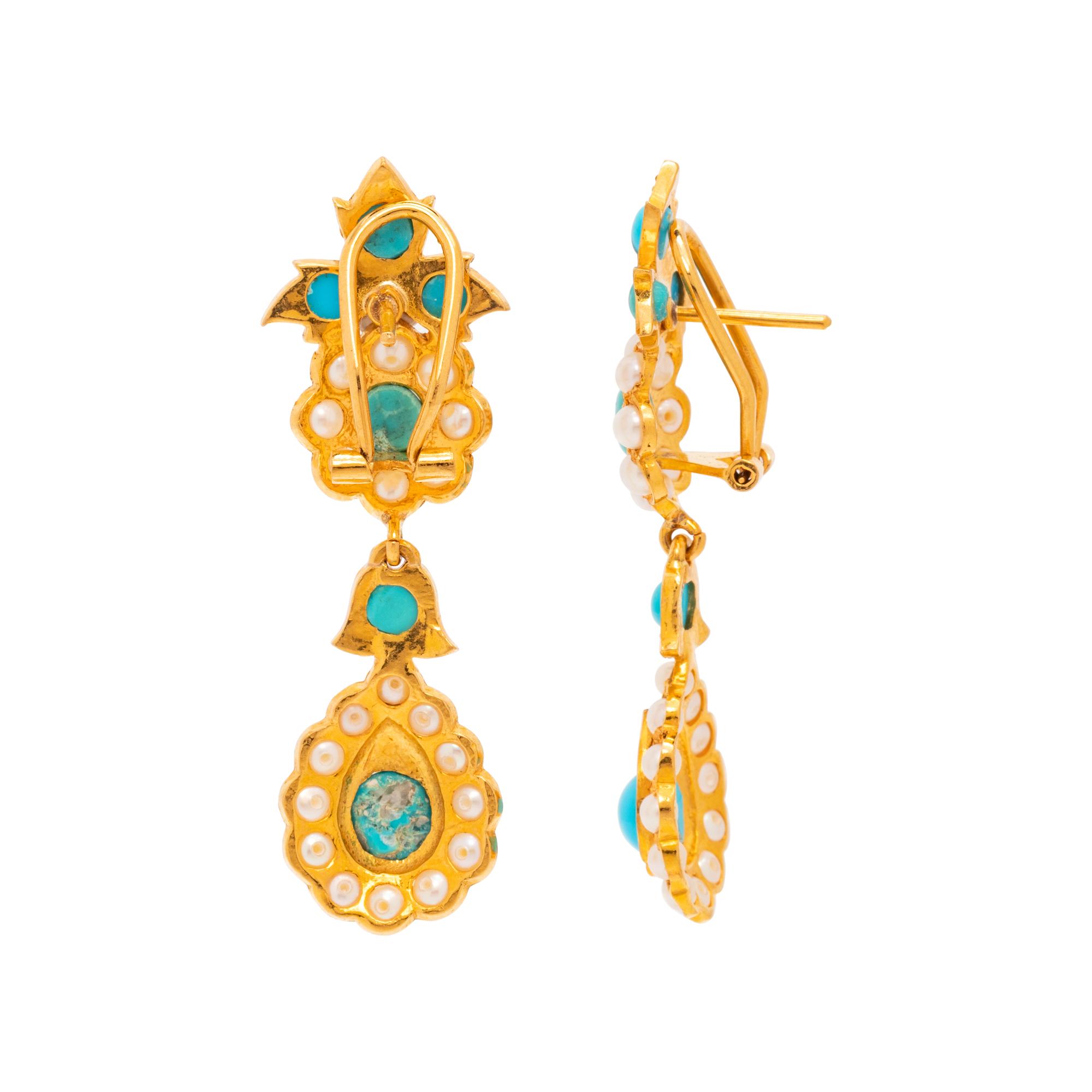 TURQUOISE AND CULTURED PEARL EARCLIPS