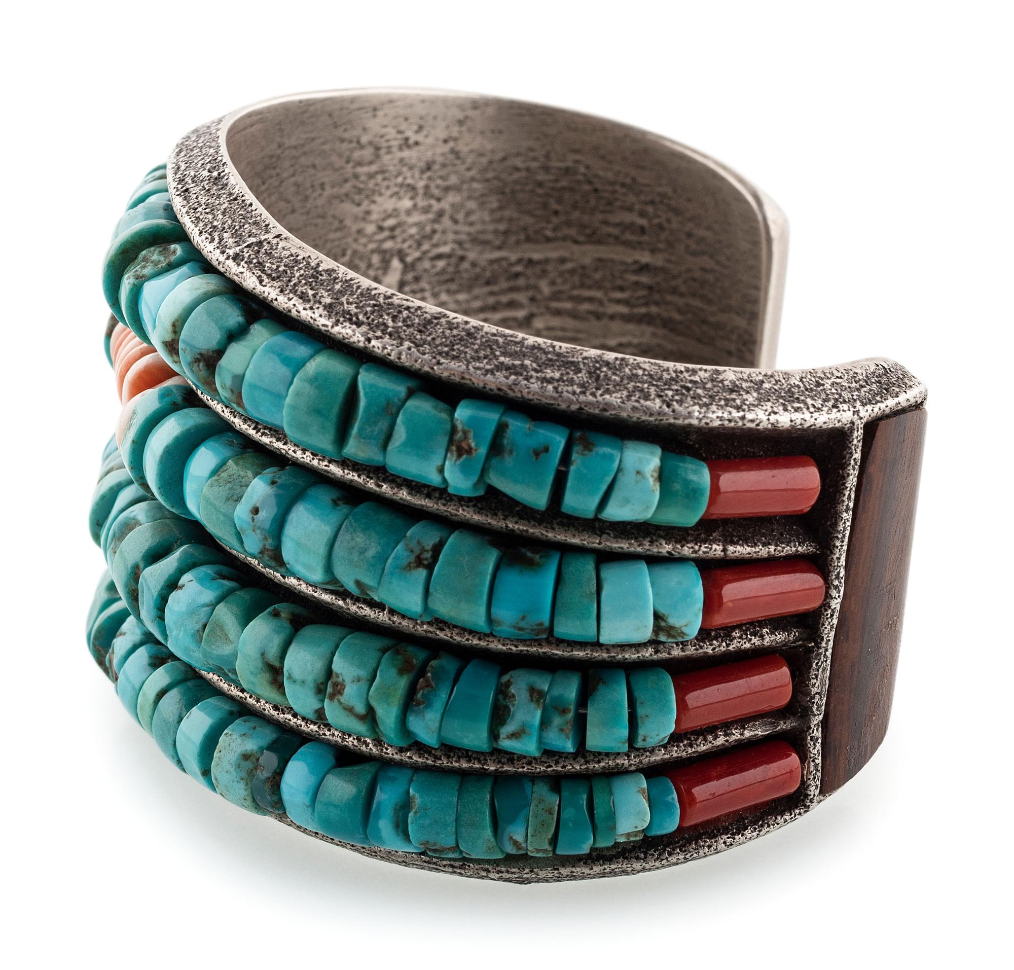 Tufa Cast Silver Cuff Bracelet, with Rolled Turquoise and Spiny Oyster Accents