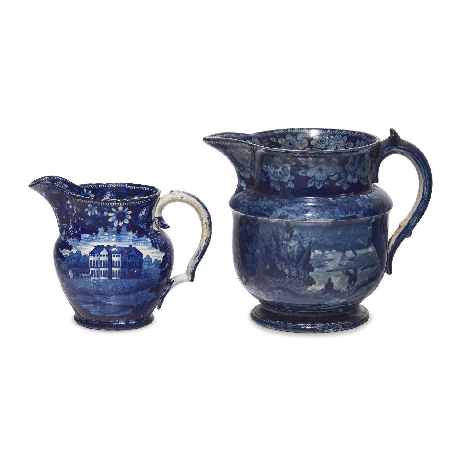 Two Staffordshire Historical Blue Pitchers