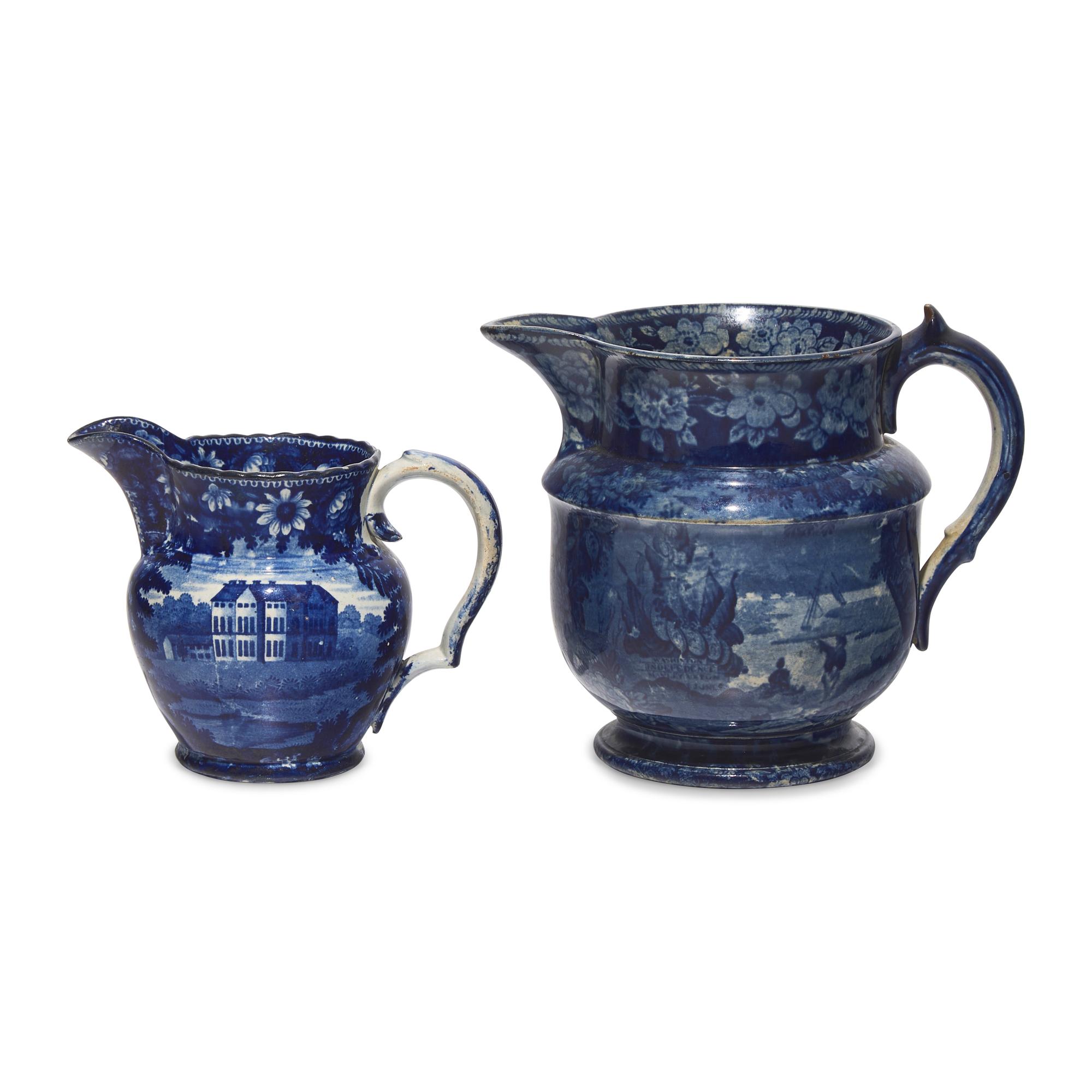 Two Staffordshire Historical Blue Pitchers