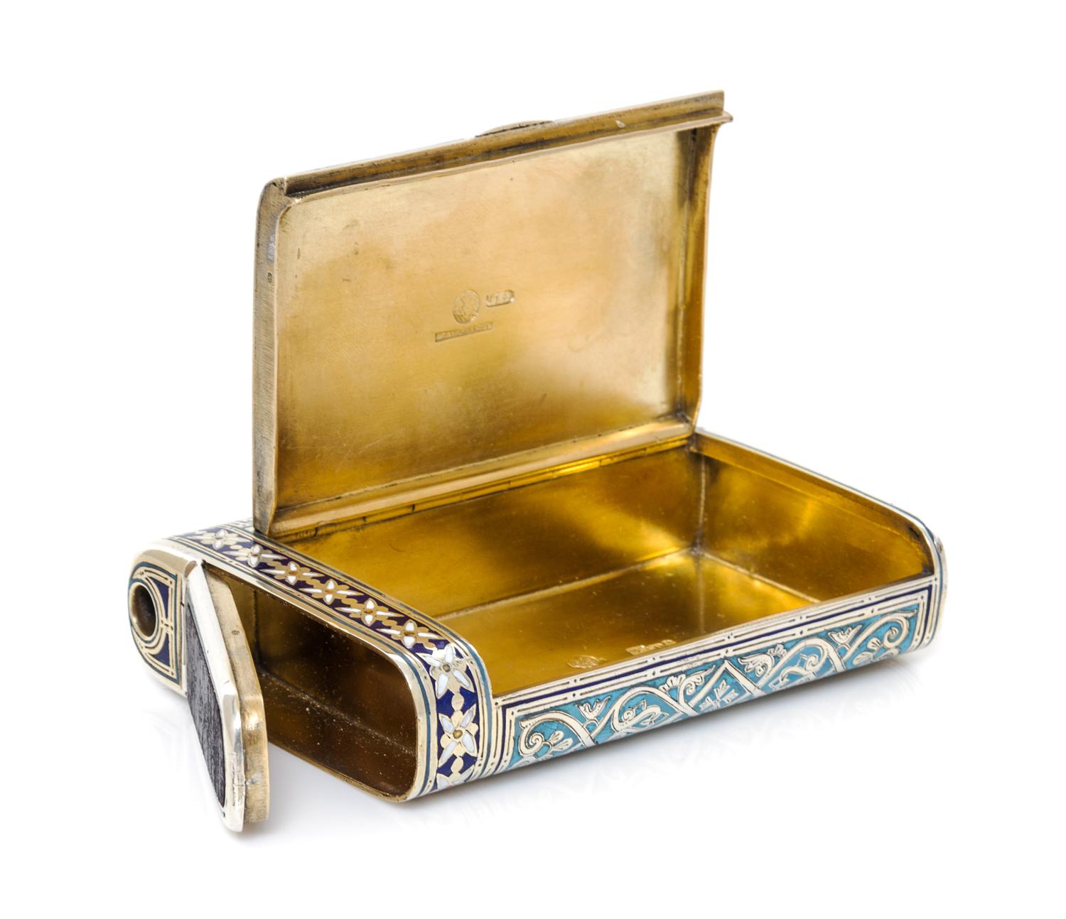 A Russian Silver and Enamel Cigarette Case, Mark of Mikhail Ovchinnikov with Imperial warrant, assay mark of Ivan Konstantinov, Moscow,