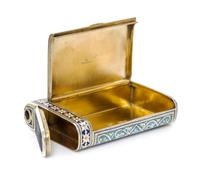 A Russian Silver and Enamel Cigarette Case, Mark of Mikhail Ovchinnikov with Imperial warrant, assay mark of Ivan Konstantinov, Moscow,