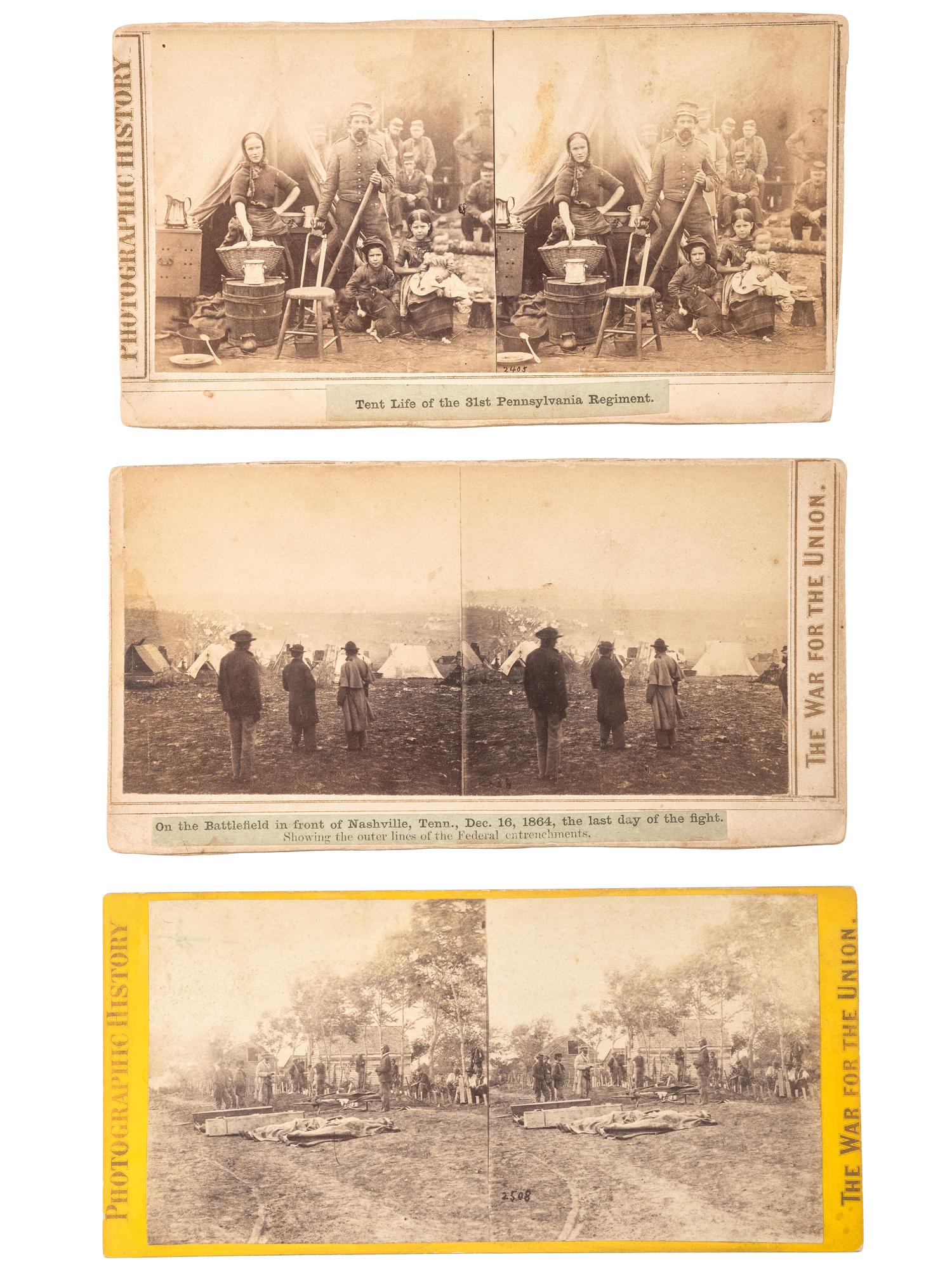 [CIVIL WAR]. A group of 3 stereoviews of battlefields and camp life from "The War for the Union" series. New York: E. & H.T. Anthony, ca 1860s.