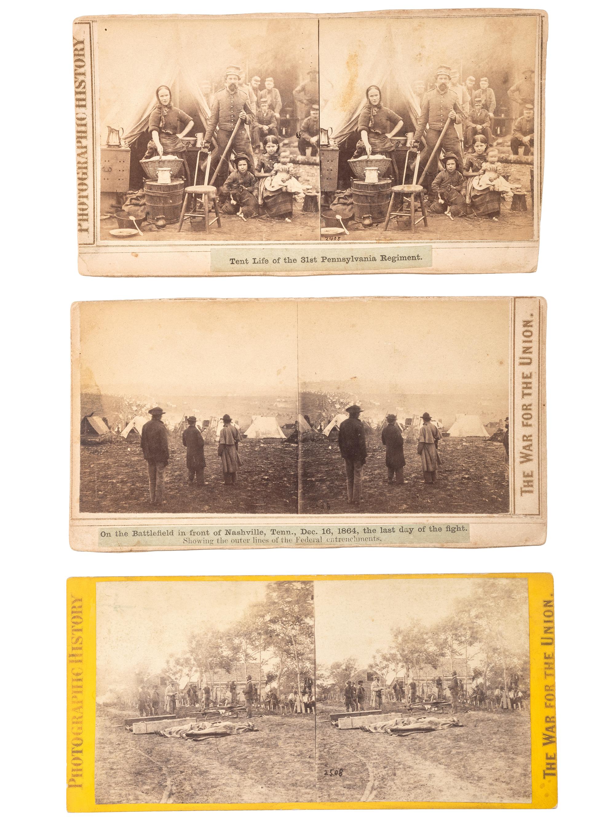 [CIVIL WAR]. A group of 3 stereoviews of battlefields and camp life from "The War for the Union" series. New York: E. & H.T. Anthony, ca 1860s.