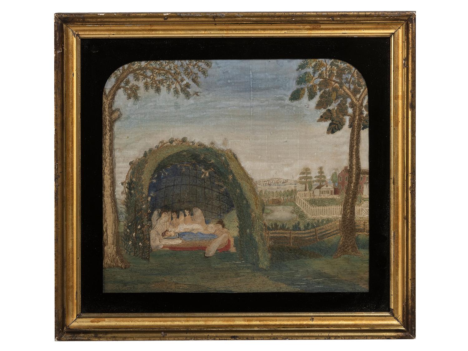 A Silkwork Embroidered Picture of a Landscape with Woman Sleeping, 19th Century