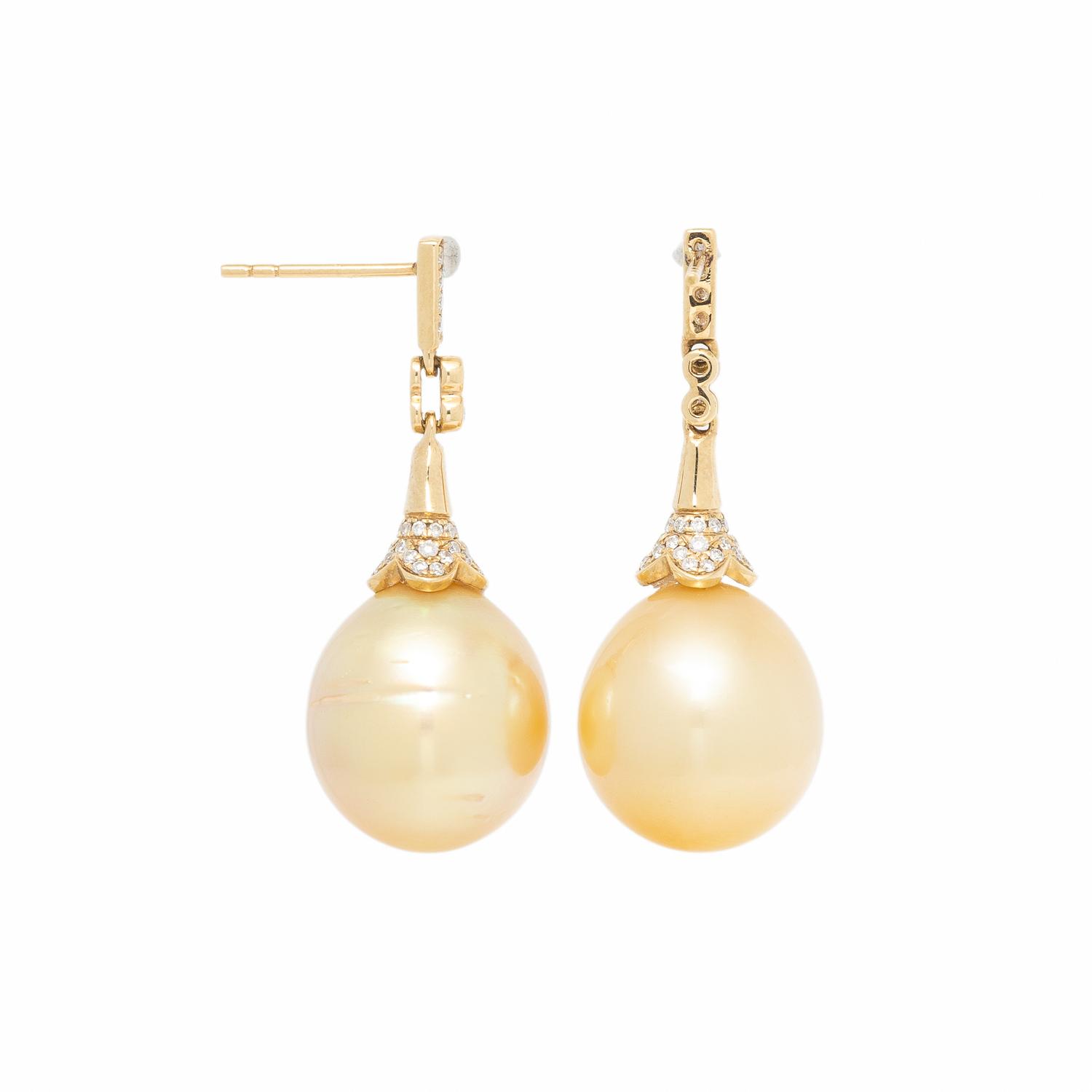 HAKIMOTO, CULTURED GOLD PEARL, DIAMOND, AND YELLOW GOLD EARRINGS