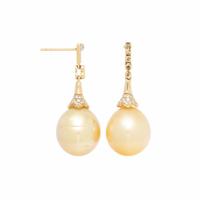 HAKIMOTO, CULTURED GOLD PEARL, DIAMOND, AND YELLOW GOLD EARRINGS