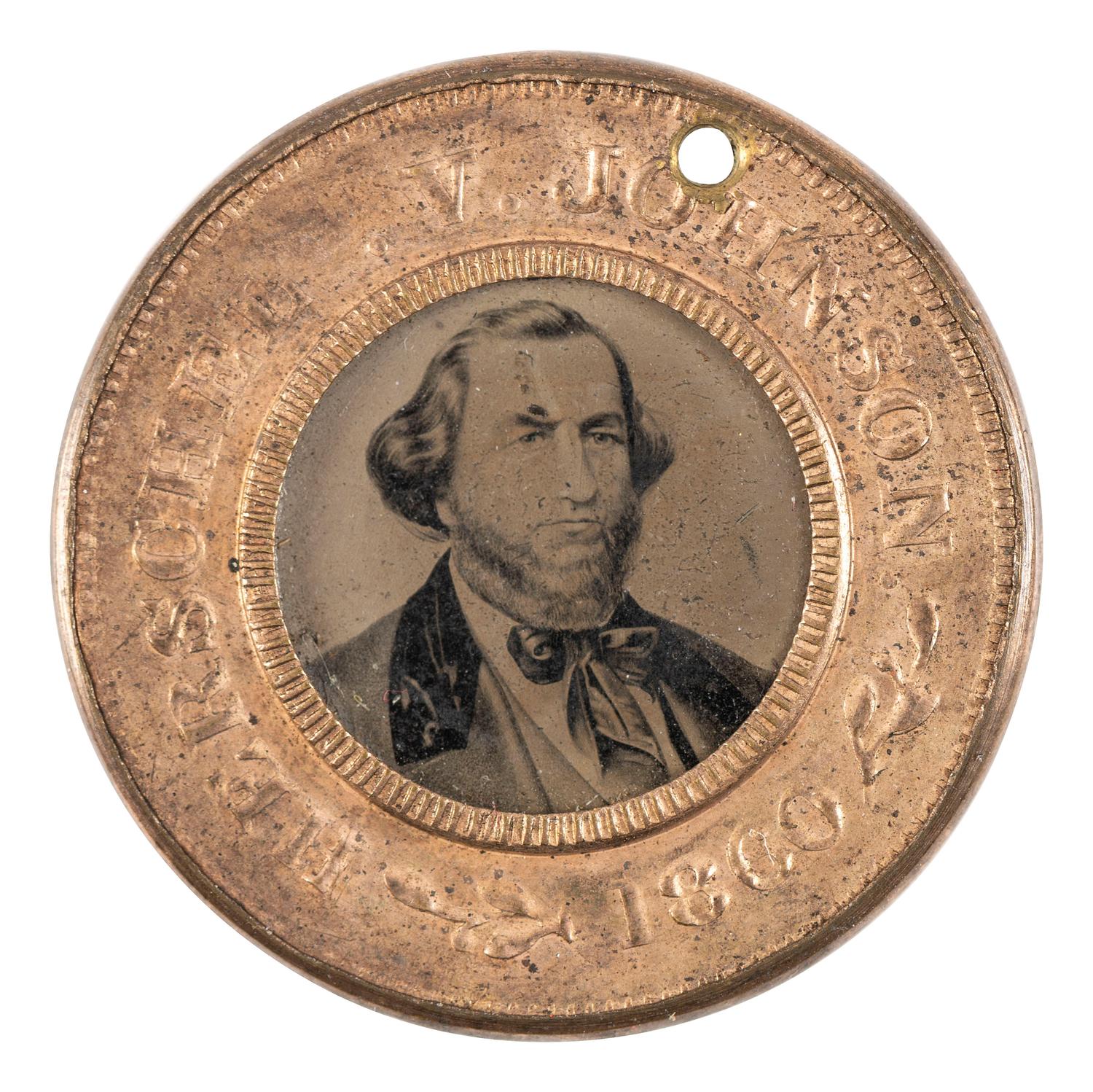 [POLITICS]. Stephen A. Douglas and Hershel Johnson, back-to-back campaign ferrotype badge and brass presidential token. 1860.