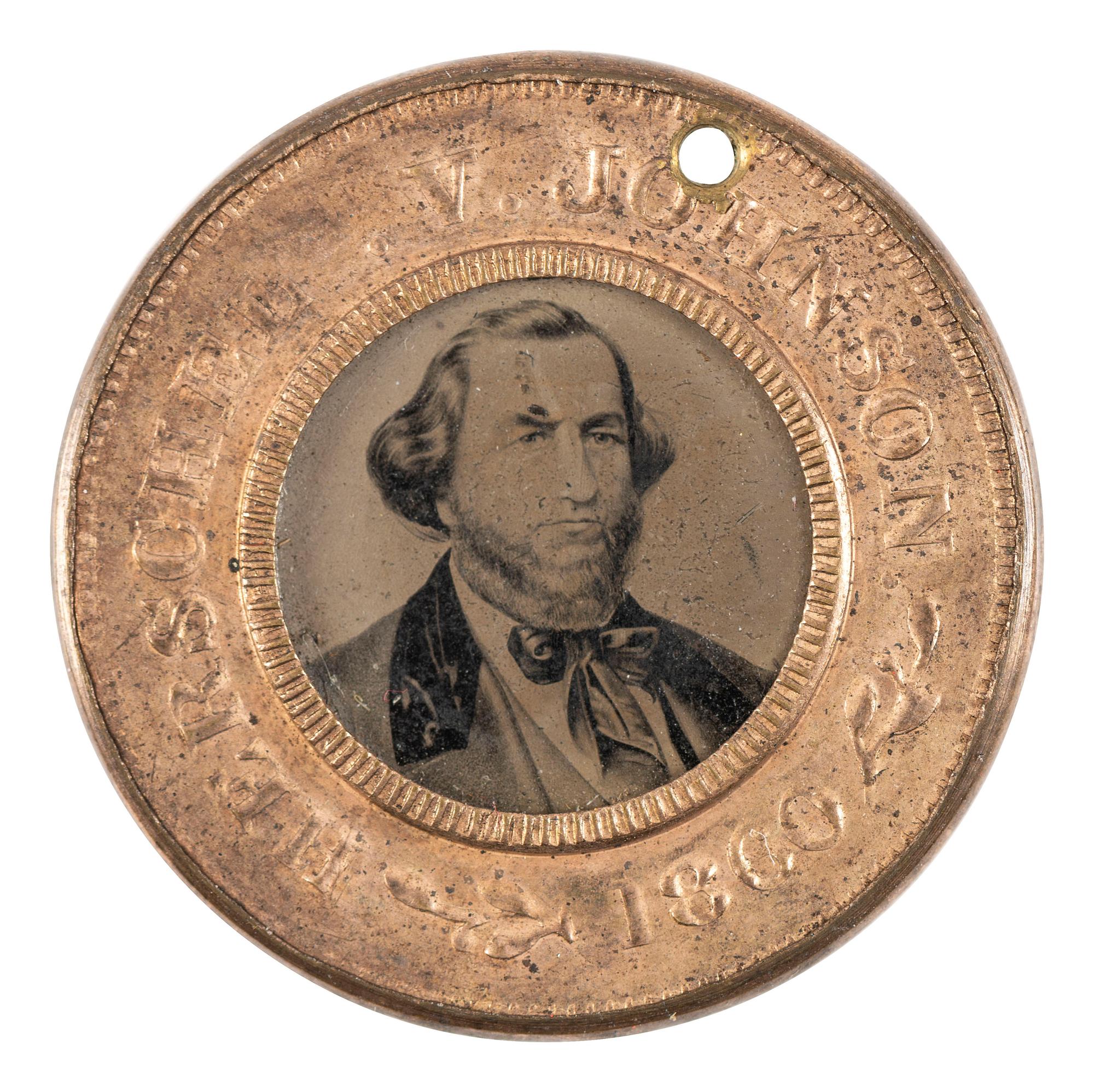 [POLITICS]. Stephen A. Douglas and Hershel Johnson, back-to-back campaign ferrotype badge and brass presidential token. 1860.