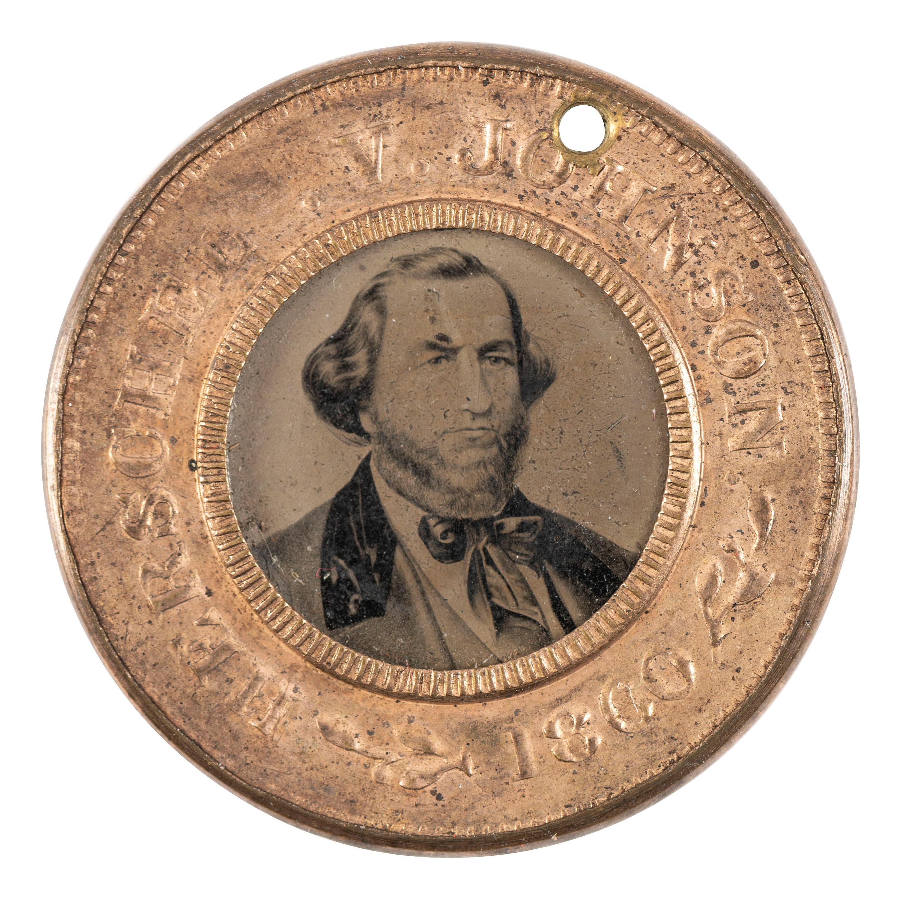 [POLITICS]. Stephen A. Douglas and Hershel Johnson, back-to-back campaign ferrotype badge and brass presidential token. 1860.