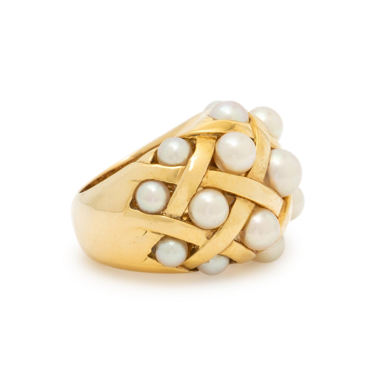 CHANEL, CULTURED PEARL AND YELLOW GOLD 'MATELASSÉ' RING