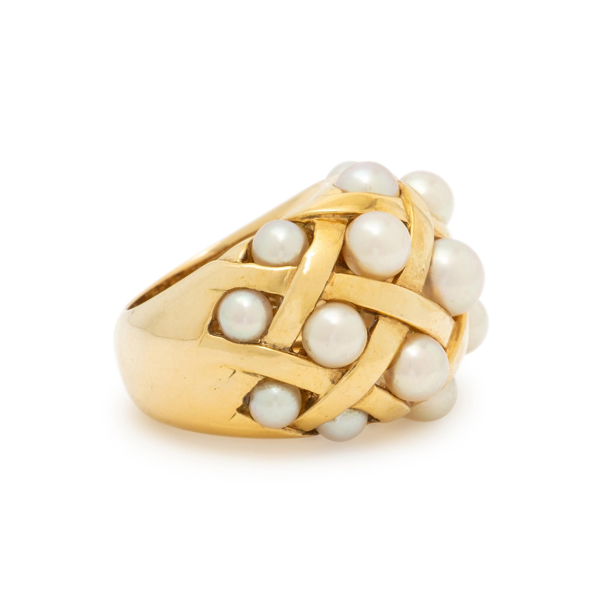 CHANEL, CULTURED PEARL AND YELLOW GOLD 'MATELASSÉ' RING