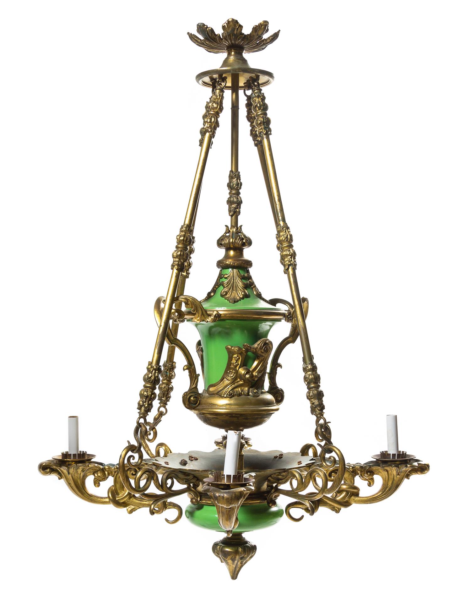 A Gilt Bronze and Glass Chandelier Height approximately 47 inches.