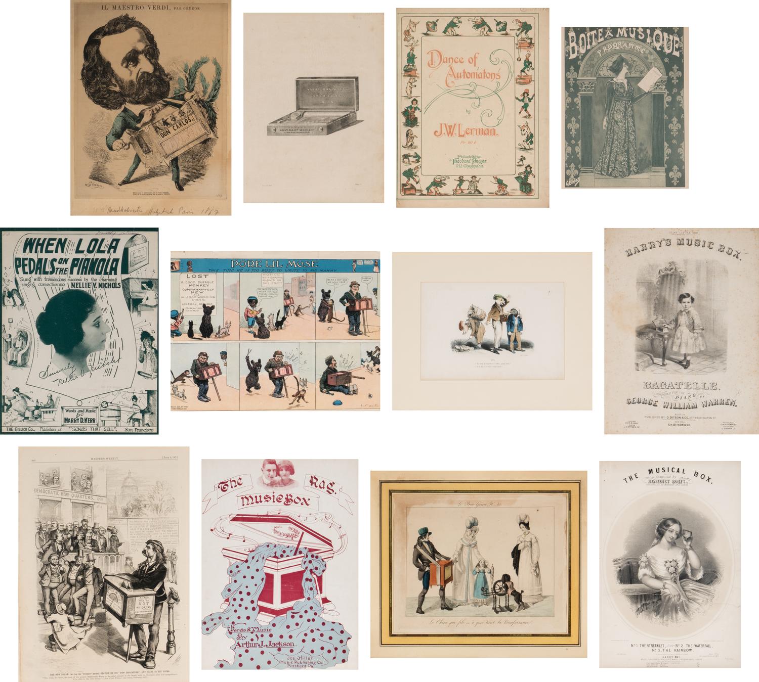 Twelve Framed Mechanical Music Themed Items