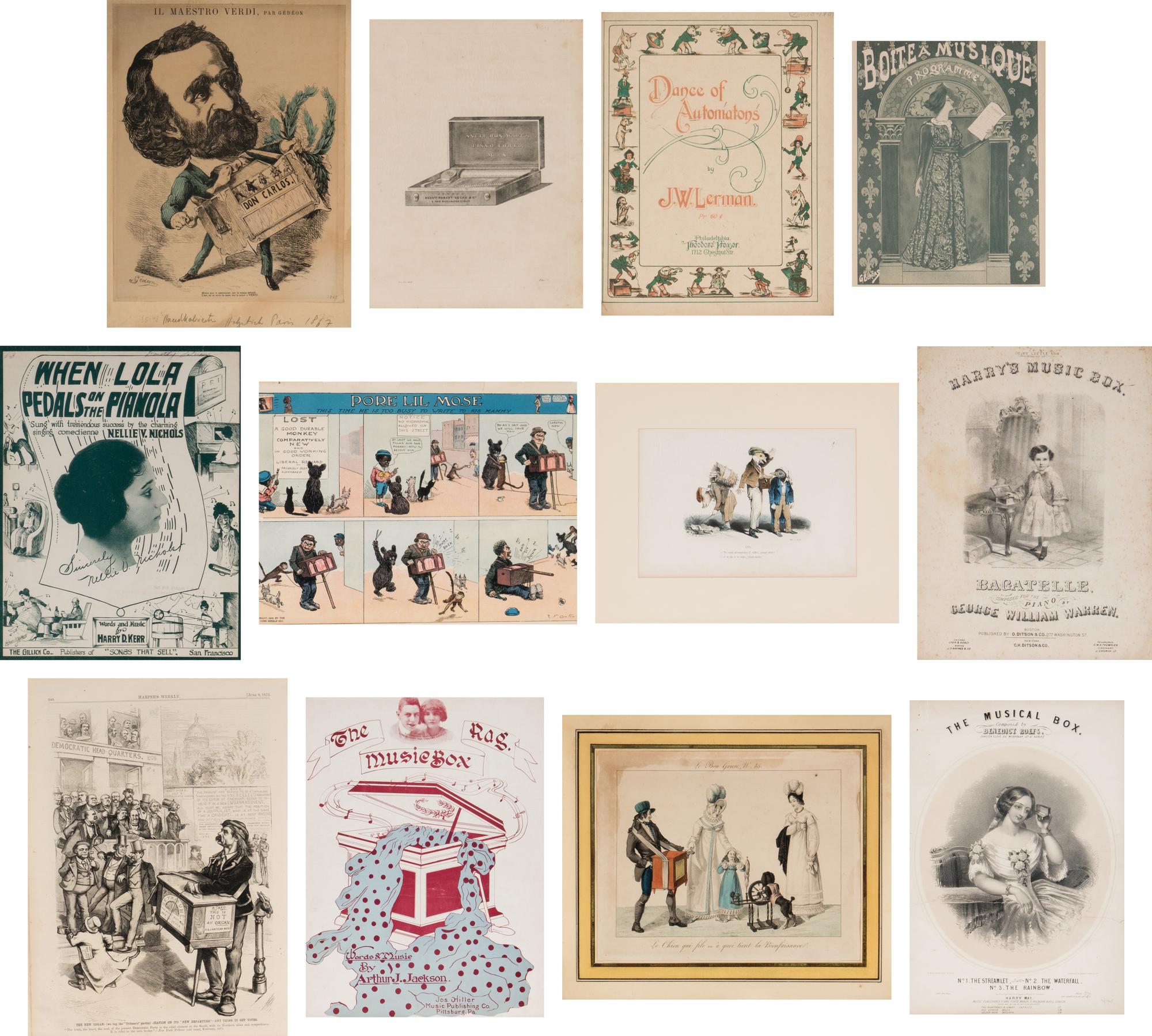 Twelve Framed Mechanical Music Themed Items