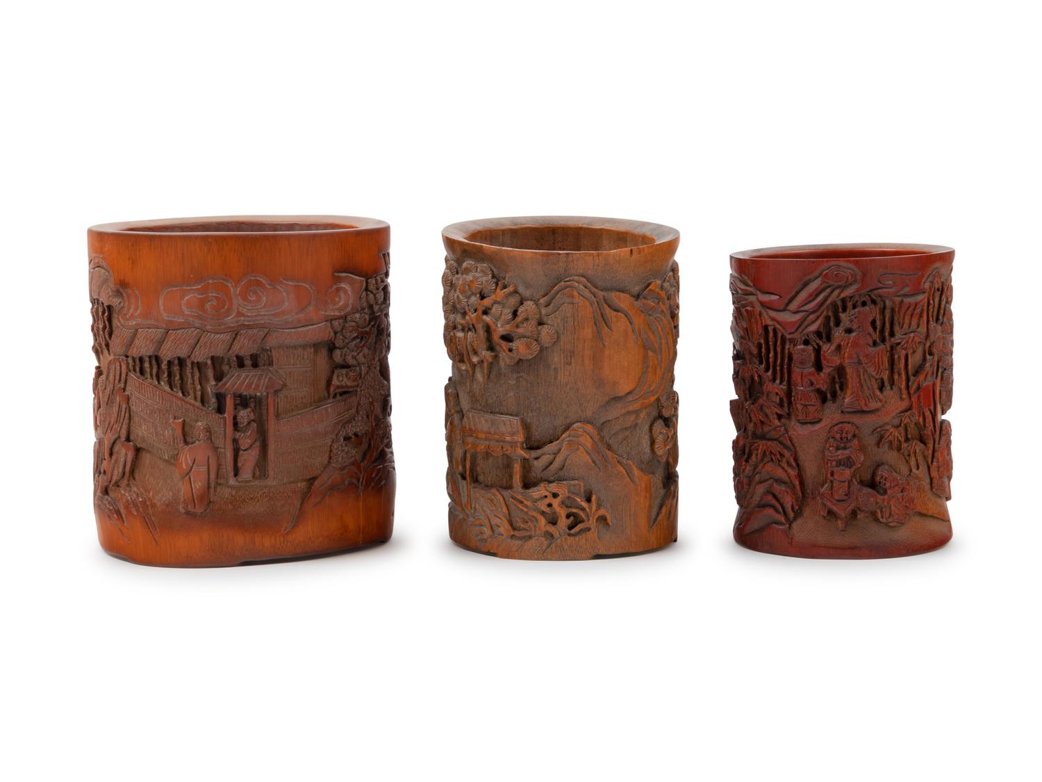 Three Chinese Bamboo Brush Pots, Bitong