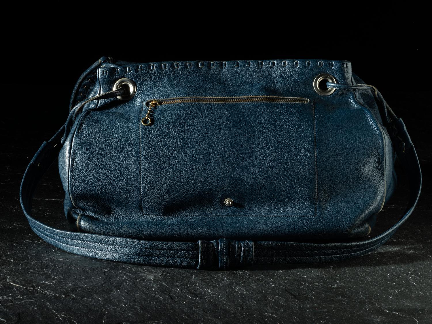 Large Navy Blue Drawstring Purse, with Sand Cast Silver Decoration