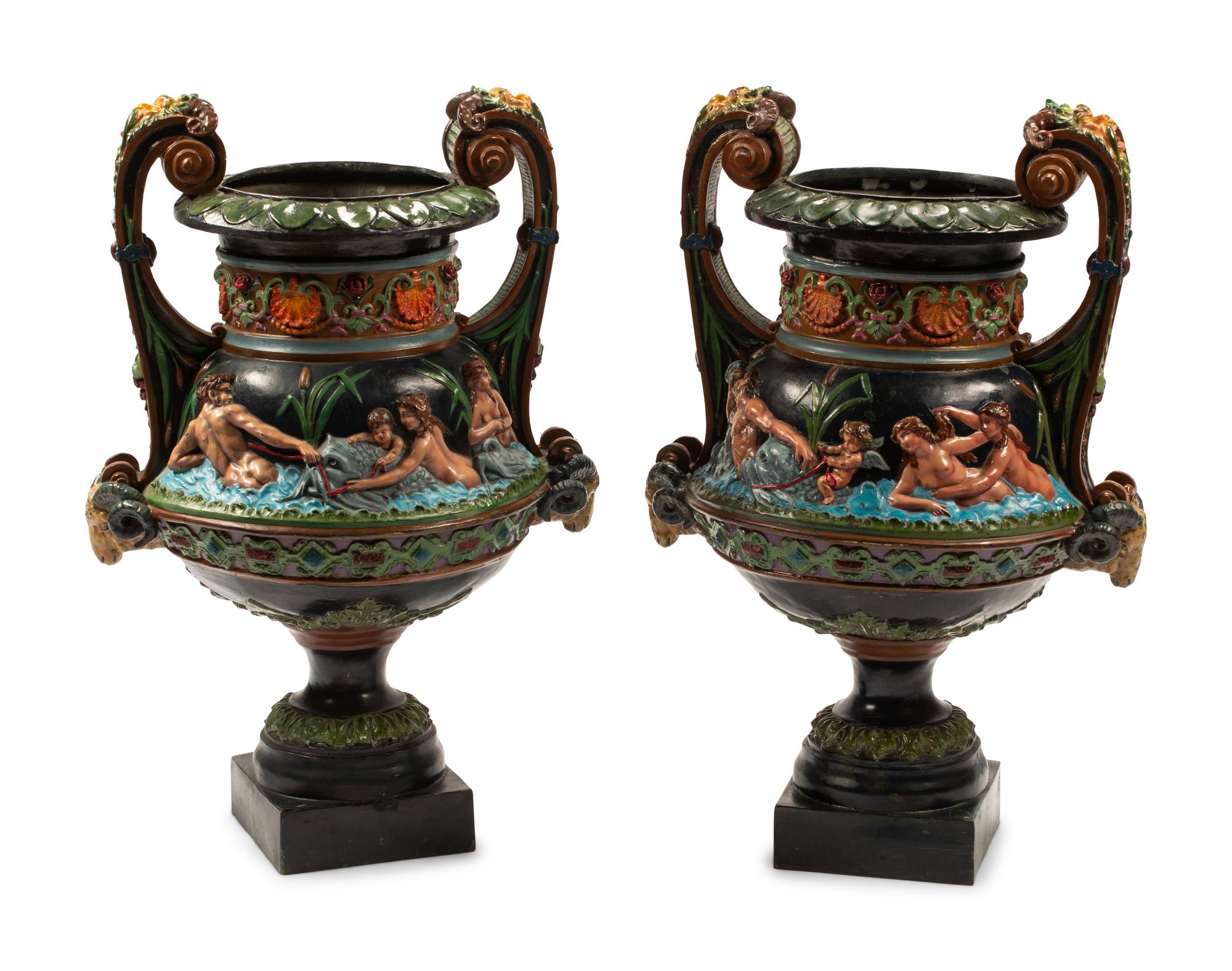 A Pair of Neoclassical Style Polychrome Bronze Urns