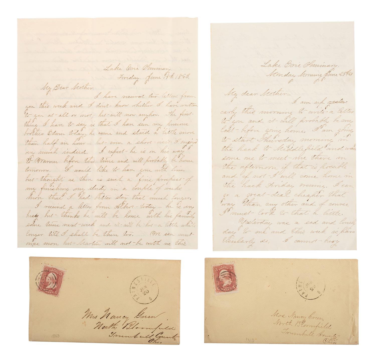 [CIVIL WAR]. A collection of 30 letters associated with West Point Cadet and 2nd Lieutenant Martin Van Buren Lewis, 8th US Infantry, and his wife. 1857 -1863.