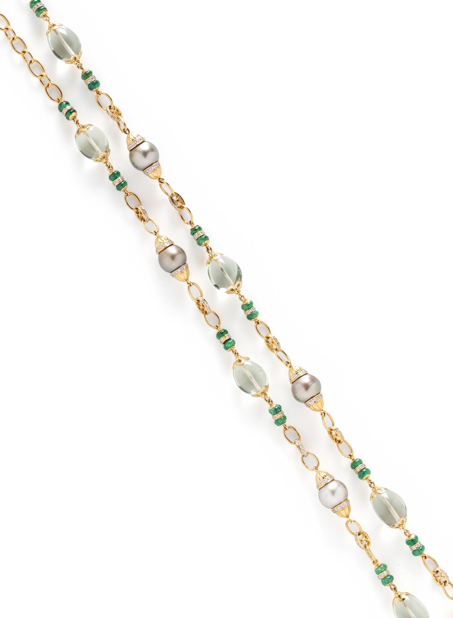 CULTURED GREY PEARL, EMERALD, DIAMOND AND GREEN QUARTZ NECKLACE