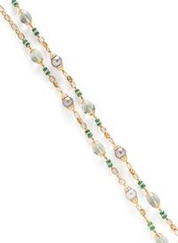 CULTURED GREY PEARL, EMERALD, DIAMOND AND GREEN QUARTZ NECKLACE