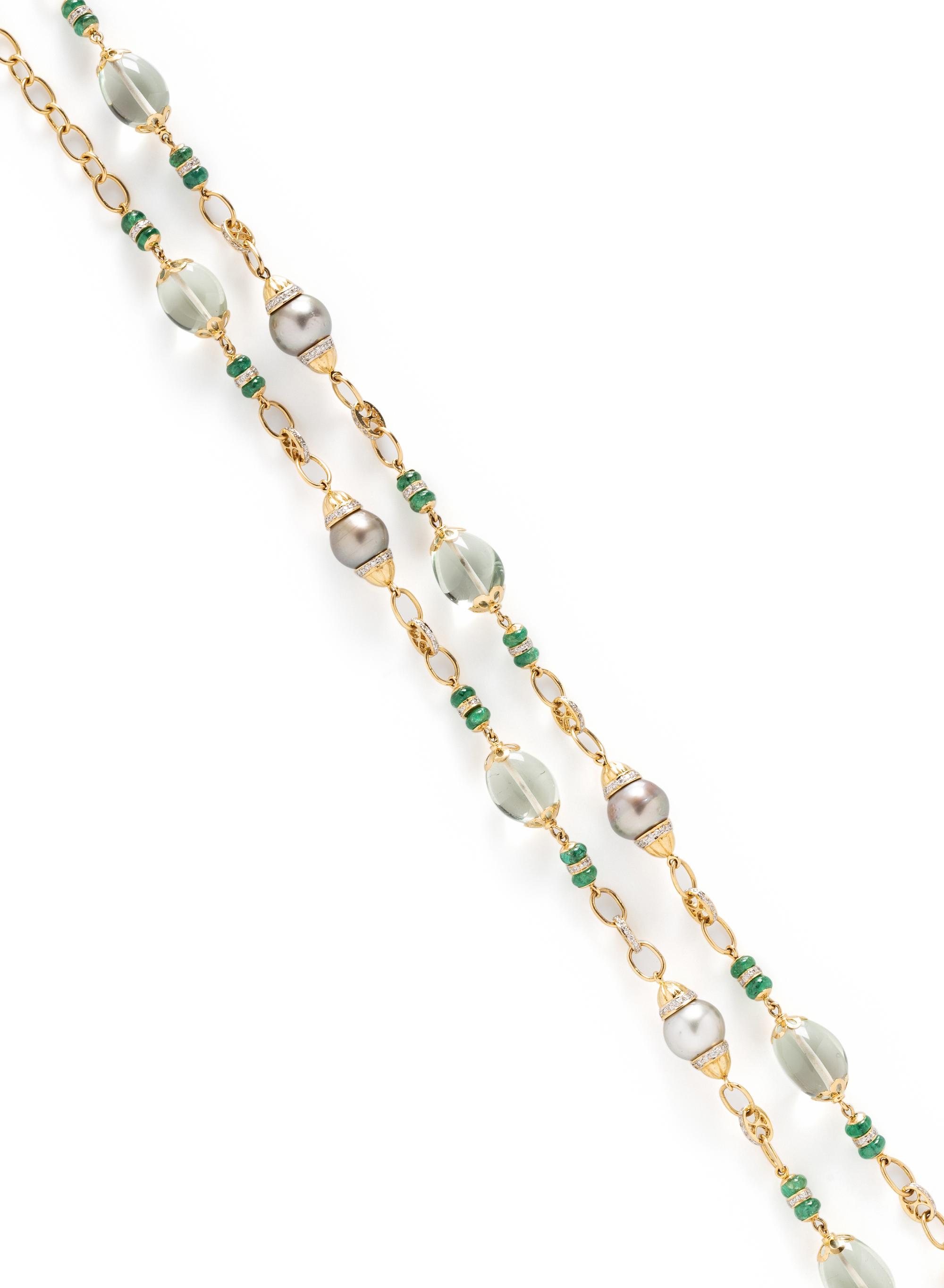 CULTURED GREY PEARL, EMERALD, DIAMOND AND GREEN QUARTZ NECKLACE