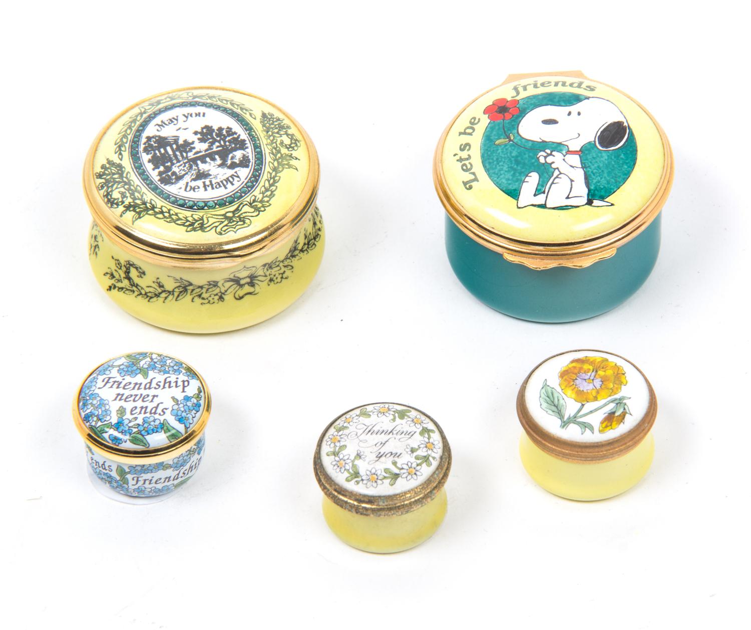 Five Enameled Miniature Boxes Diameter of largest 1 3/4 inches.