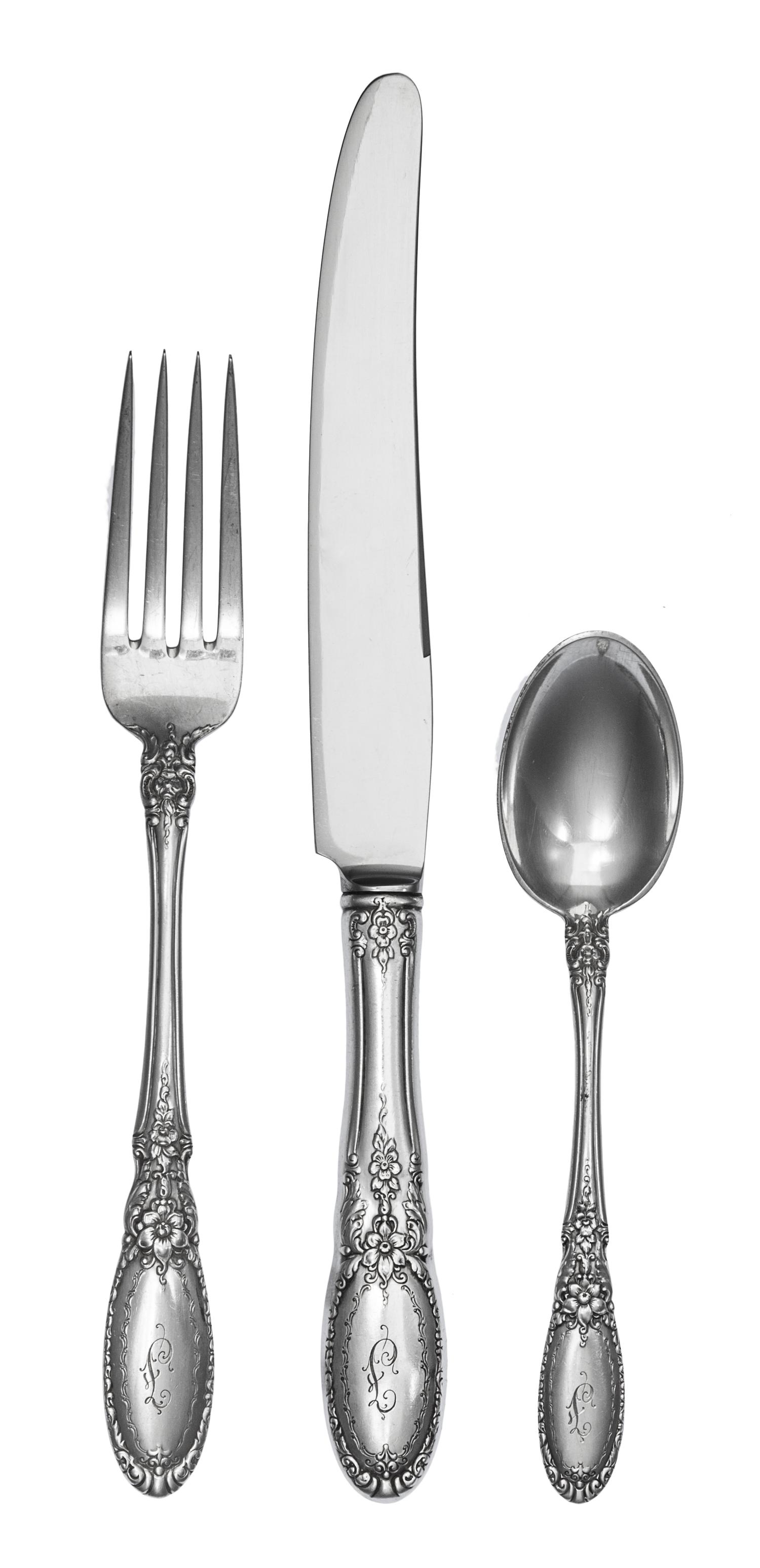 An American Silver Flatware Service, Towle Silversmiths, Newburyport, MA, Old Mirror pattern, comprising: 6 dinner knives 6 dinner fork