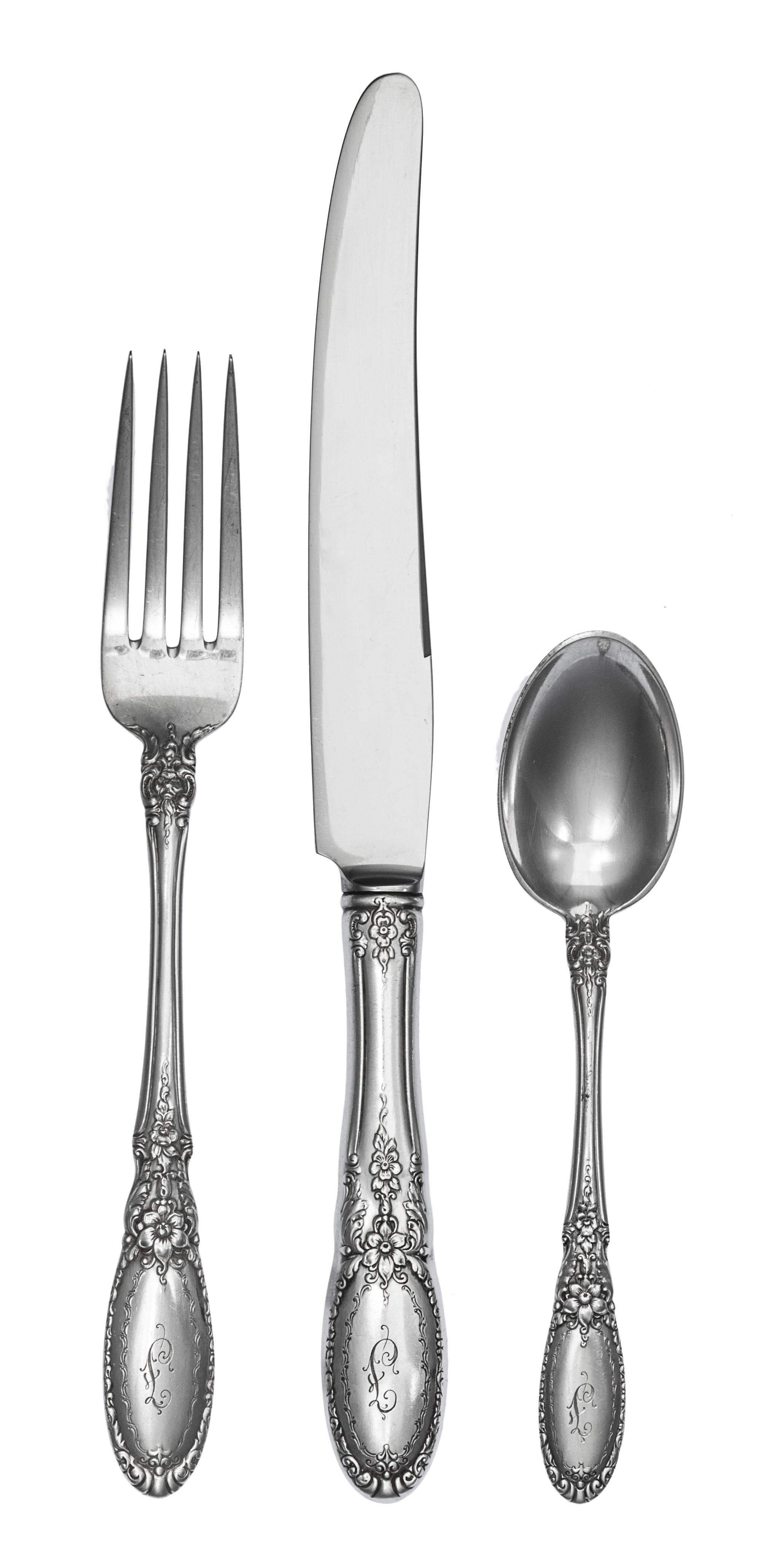 An American Silver Flatware Service, Towle Silversmiths, Newburyport, MA, Old Mirror pattern, comprising: 6 dinner knives 6 dinner fork
